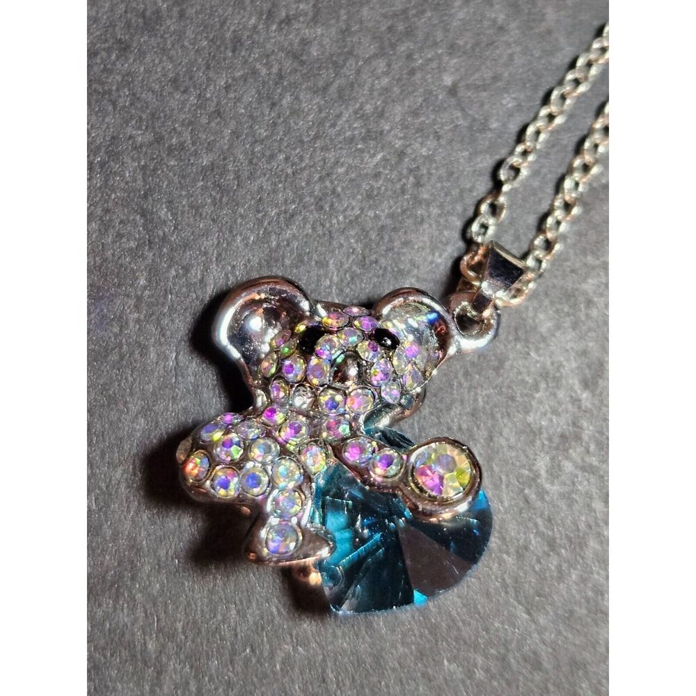 Silver tone koala bear with blue crystal heart necklace 20-21.5"